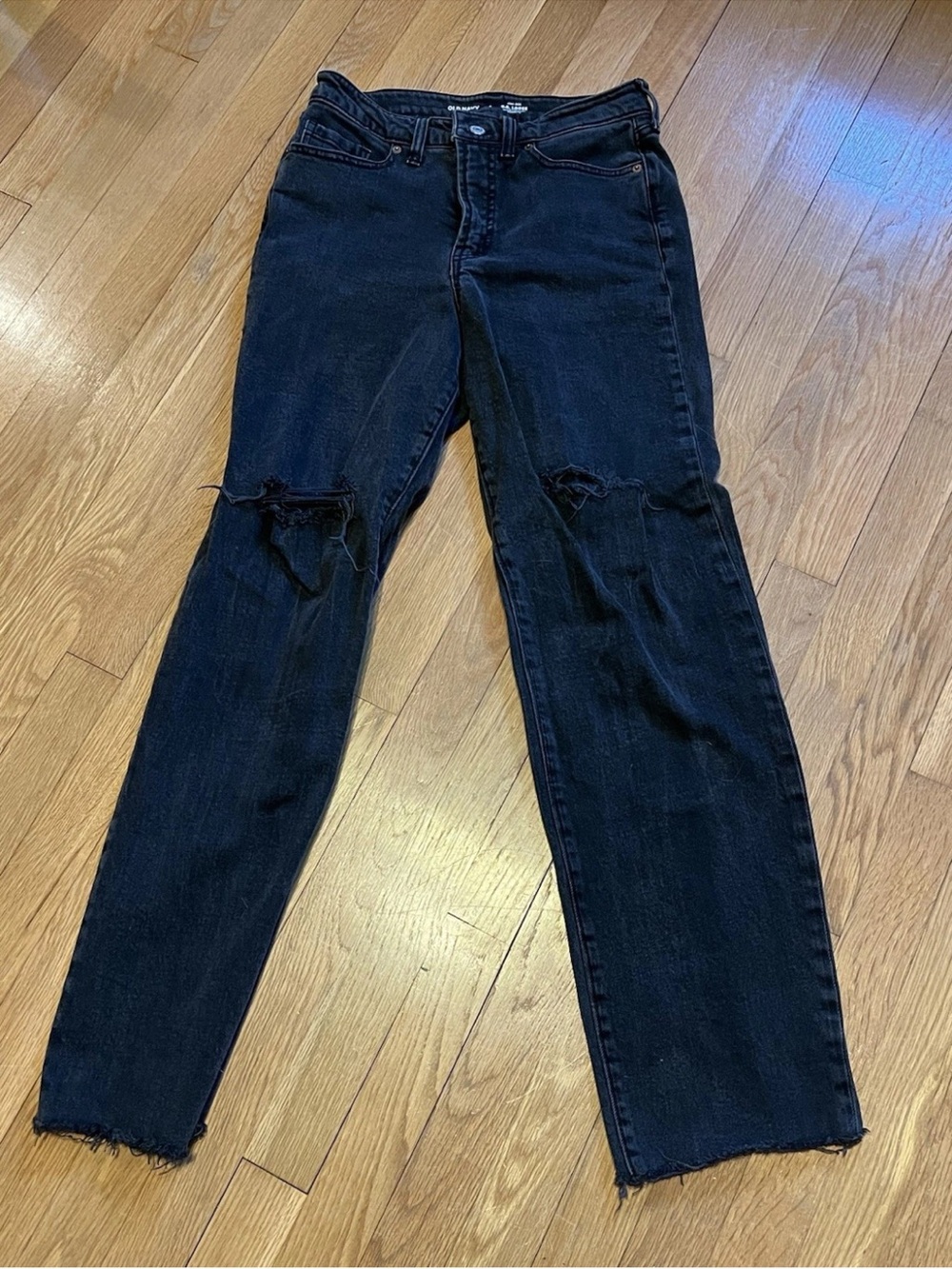 Old Navy OG Loose High-Rise (4) Distressed Black Denim Jean Raw Hem Straight Leg